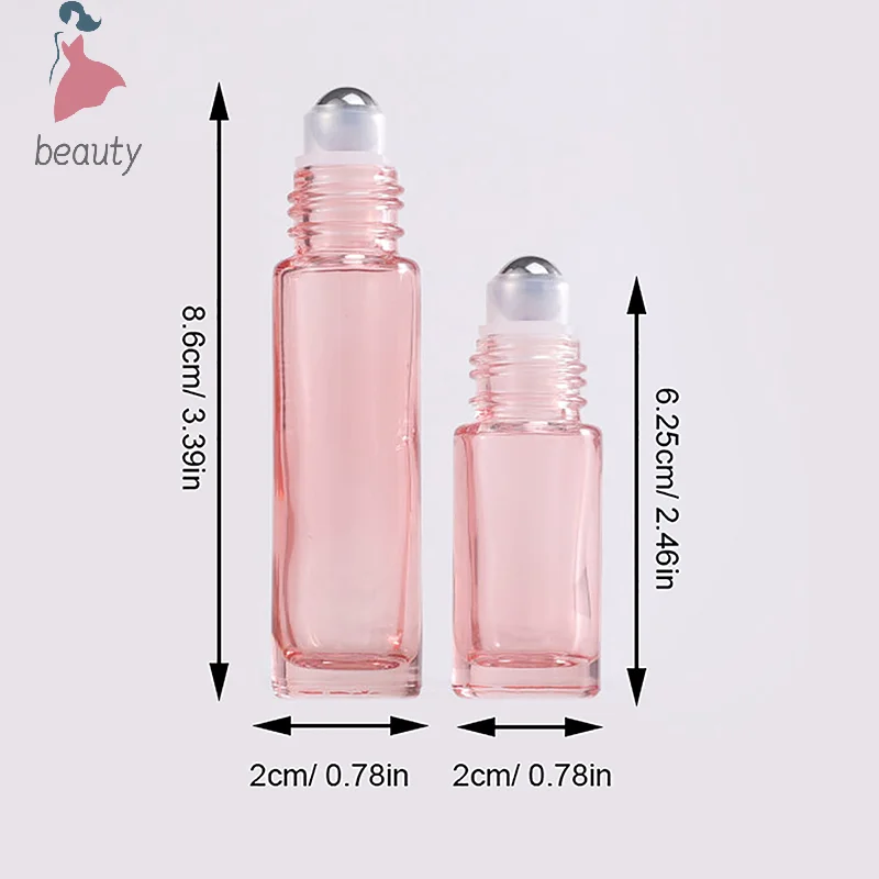 1PCS Glass Roll On Bottle 5/10ml Pink Roller Bottle Essential Oil Lip Gloss Refillable Tube Empty Jar Glass Perfume Bottle