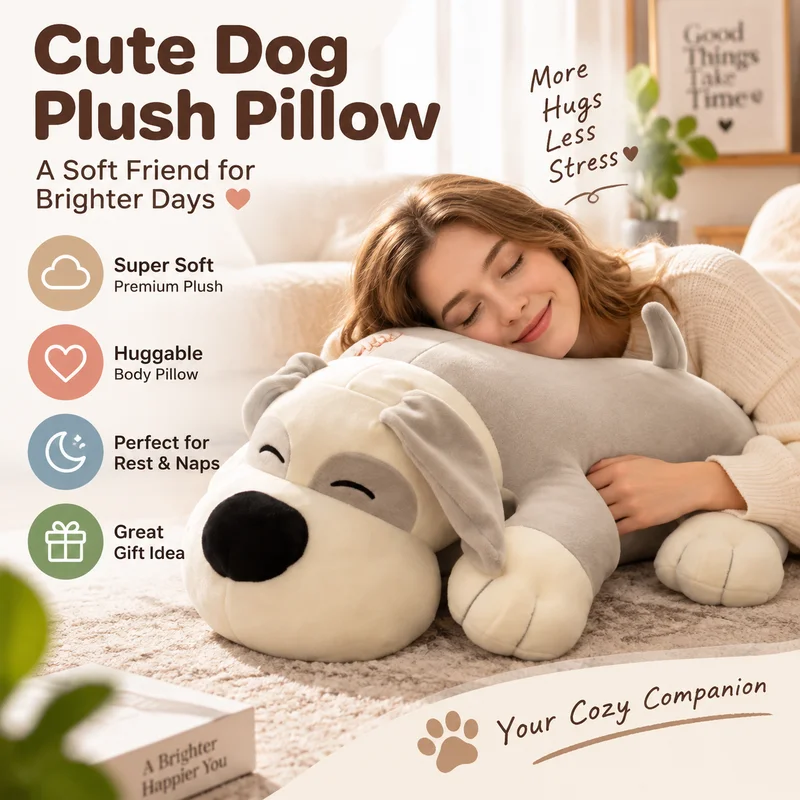 Cute Plush Dog Stuffed Animal Soft Lying Puppy Pillow Large Size Comfort Sleeping Cushion Home Sofa Decor Gift