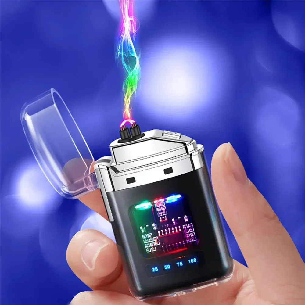 New Electronic Pulse Lighter Transparent Body Power Display Dual Arc Type C Rechargeable Windproof Plasma Lighter Smoking Gift