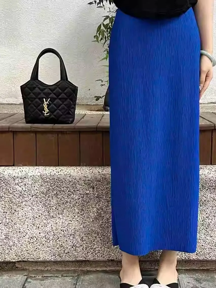 Extra großer Eisseiden-Feeling-Midirock mit asymmetrischem Saum für Damen, Sommer, locker bedeckend, fett, MM, lässiger Rock mit geradem Bein