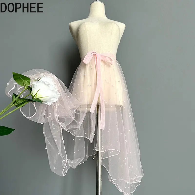 Original New Spring Summer Lace-up Beading Mid-long Mesh Overskirt All-match Sun Shawl Perspective Irregular Fairy Lolita Skirts