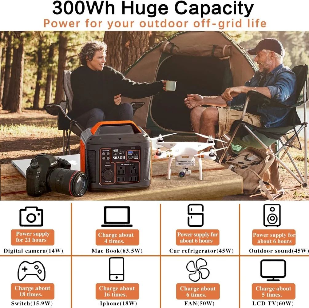 태양광 발전기 급속 충전, 110V AC 콘센트, DC 포트, LED 손전등, 야외 여행용 리튬 배터리 백업, 300W, 296Wh