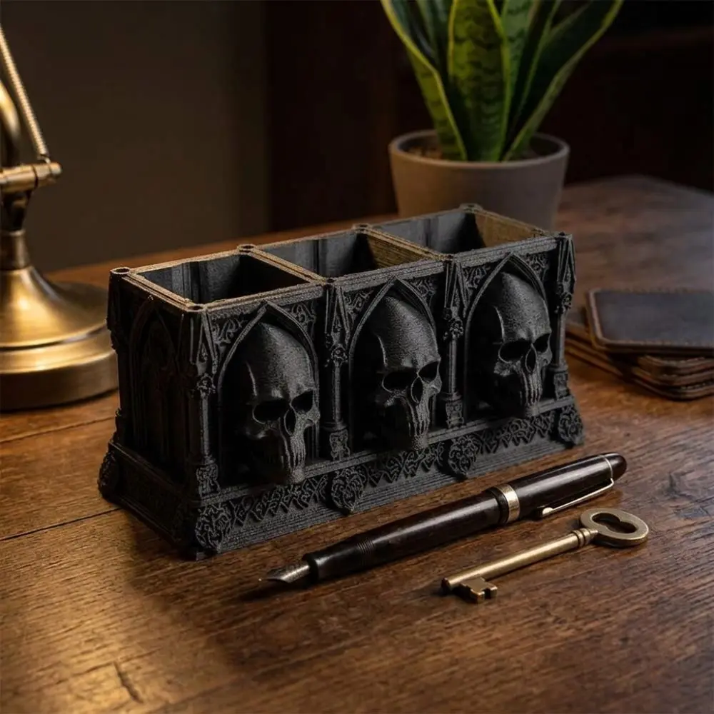 3D Printed Halloween Skull Pen Holder Spooky 3-Slot Skeleton Flower Planter Pot Raised Relief Plastic Small Skull Storage Rack