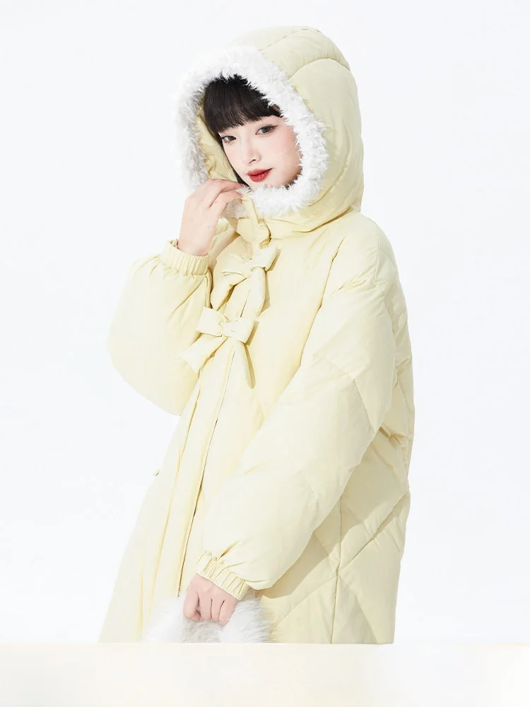

Желтый пушистый пуховик с капюшоном для женщин, зимний, утепленный, с бантом, 90% белый пух, свободный крой, милый дизайн