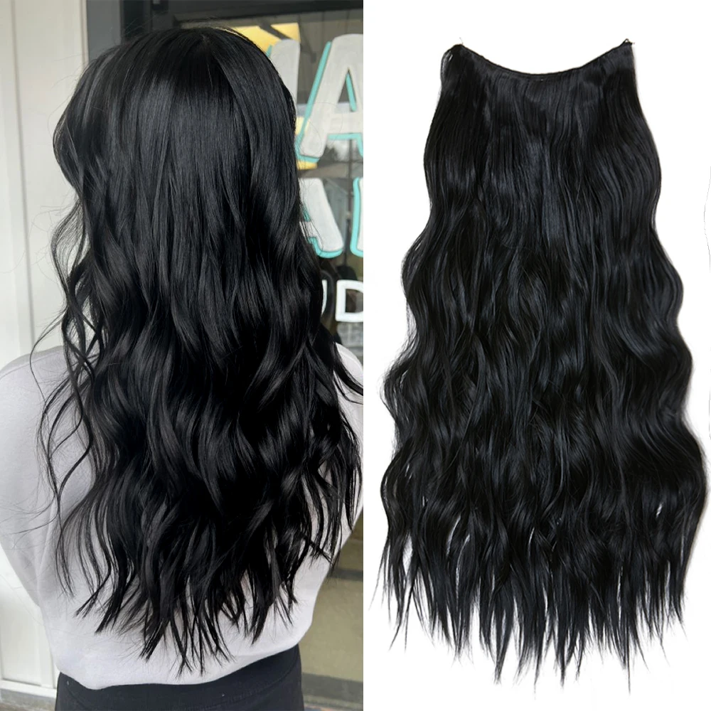 

20 Inch Invisible Wire Hair Extensions with Transparent Wire Adjustable Size 4 Secure Clips Long Wavy Secret Hairpiece Black