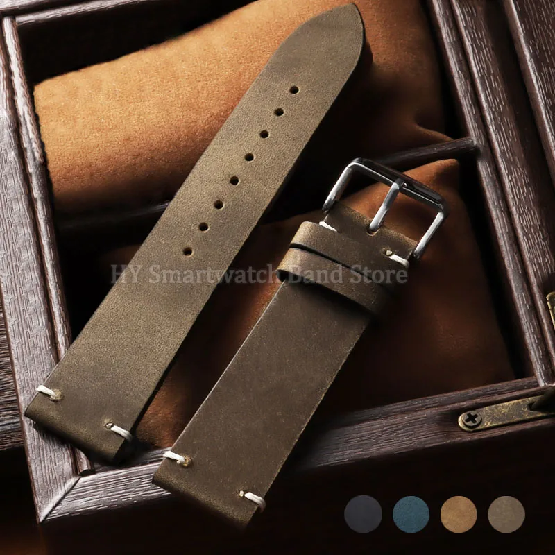 Bracelet de montre vintage en cuir huilé ciré 18/19/20/21/22/24 mm, cousu main, en cuir de vachette, pour Seiko, Omega, et montres connectées