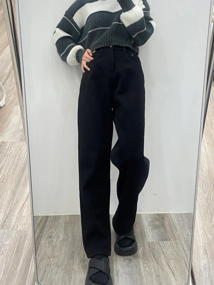 Thiened Fce المرأة الجينز الخريف الشتاء حجم كبير فضفاض مستقيم الساق بنطال ذو قصة أرجل واسعة الكمثرى القرد الجسم التخسيس بنطلون