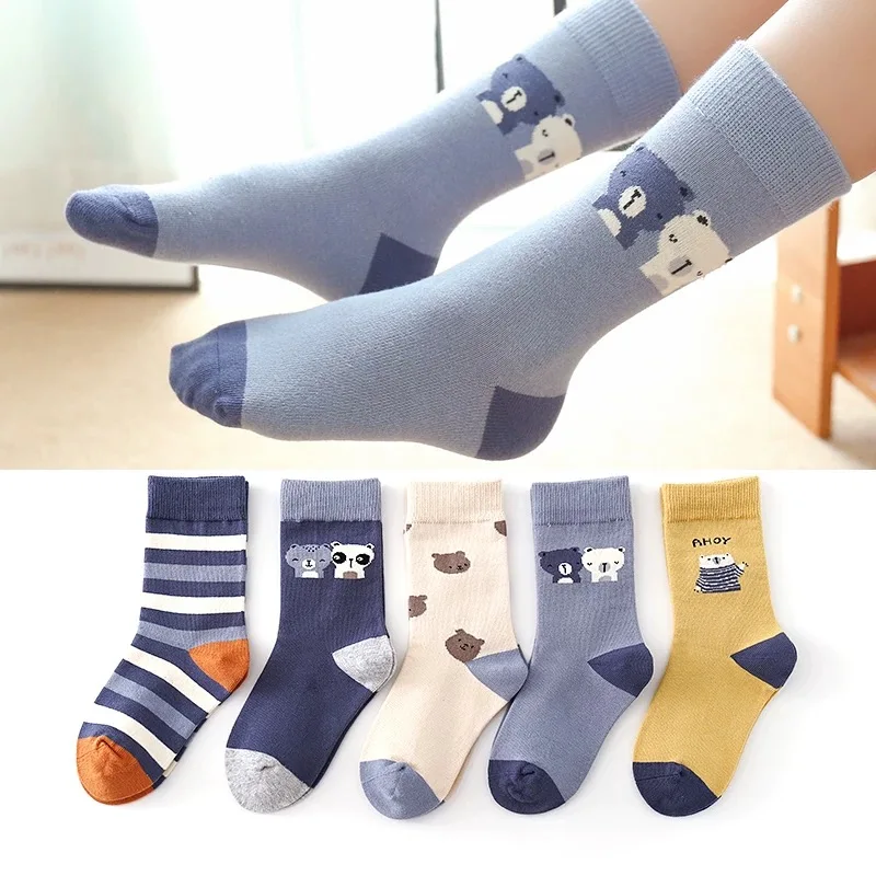 5 Pairs Children Boys Mid Calf Socks Cartoon Bear Print Stripe Design Soft Elastic Comfortable Kids Daily Socks for Toddler Boys