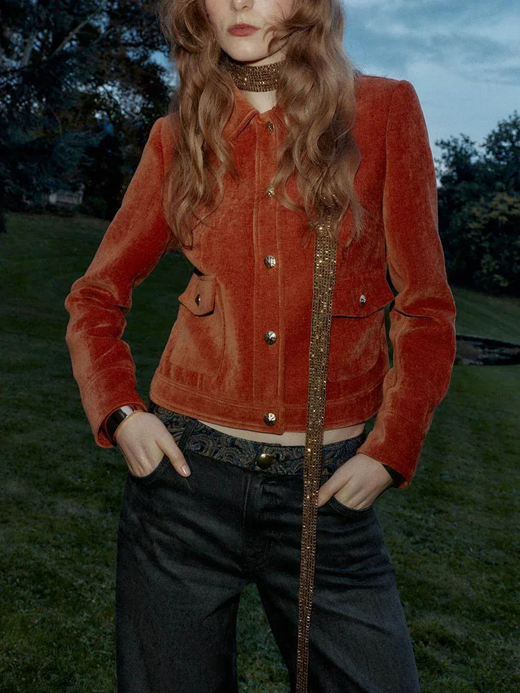 

Spring 2026 Women's Fashionable Velvet Jacket New Arrival Loose with Padded Shoulder Short Coat Button Closure Long Sleeve