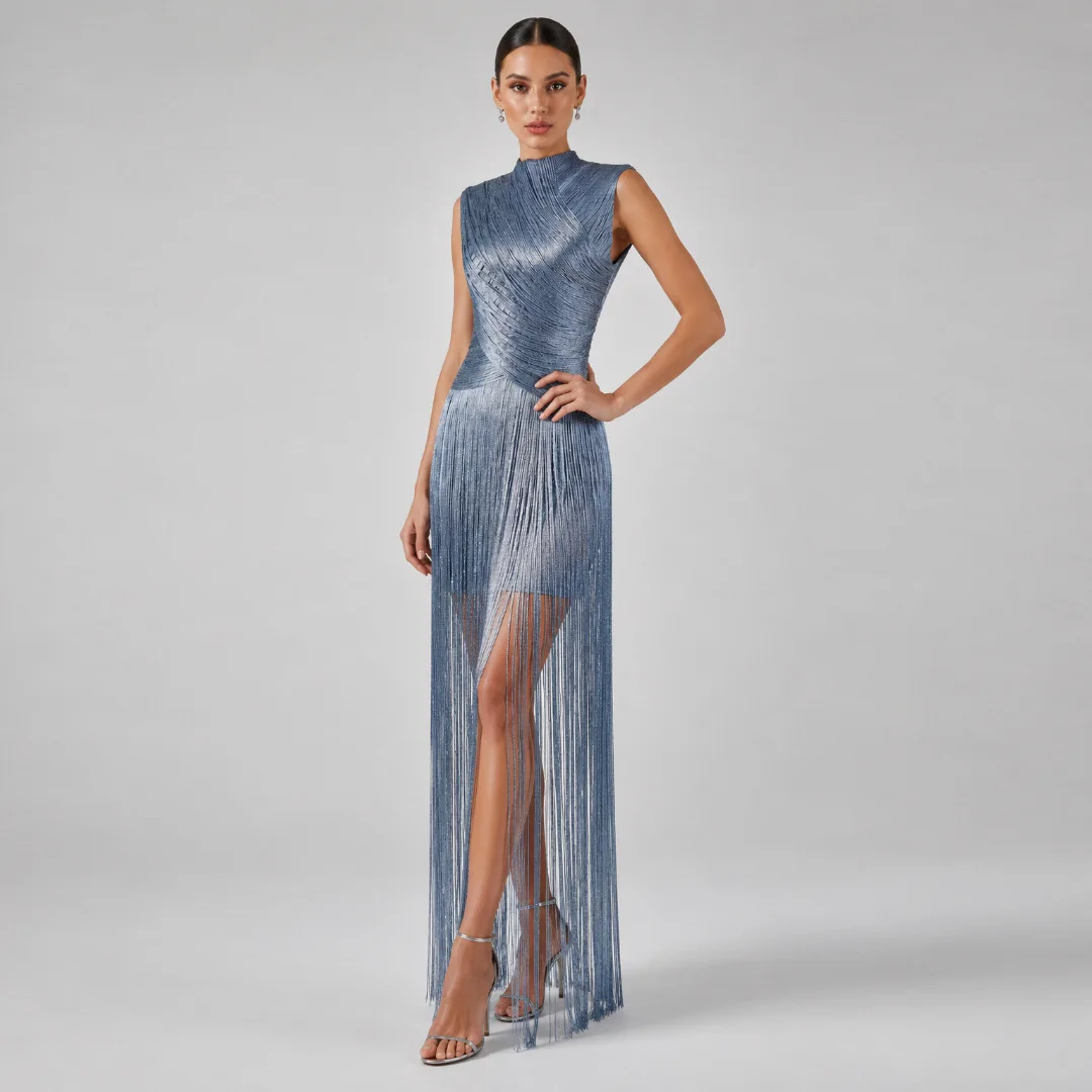 

Elegant Long Fringe Solid Bandage Dress Round Neck Sleeveless Crisscross Tassels Design Maxi Dress Fashion Party Evening Gowns
