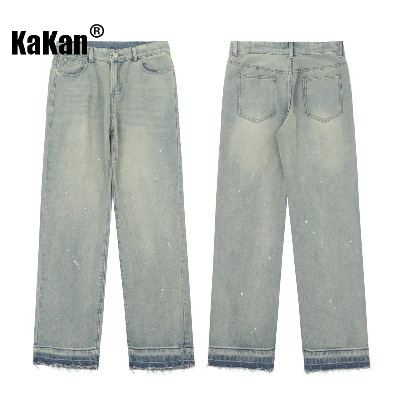 Kakan - European and American High Street Straight Tube Washed and Worn Out Jeans for Men, Mid Waist Zippered Long Jeans 41-5850