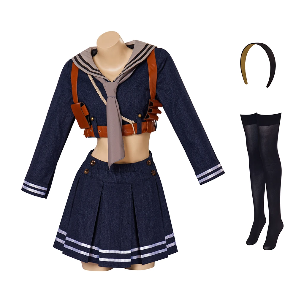 Sucker Cosplay Punch Baby Doll Costume Dark Blue Preppy Dress Set Casual Dress