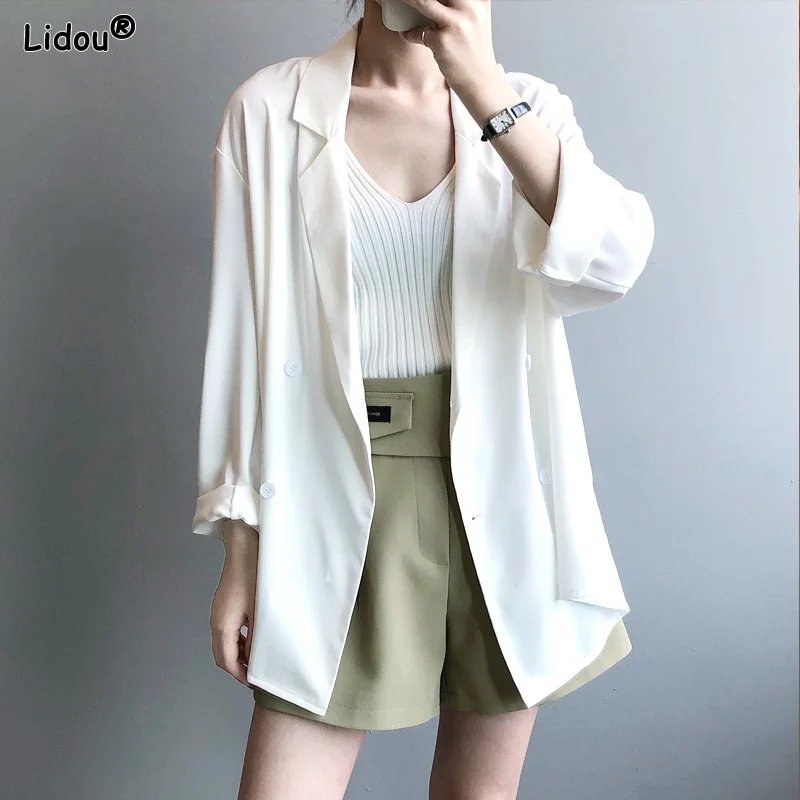 Women's Clothing Long Sleeve Solid Color Notched Loose Elegant Fashion Casual Korean Blazers Spring Summer Thin Temperament Tops