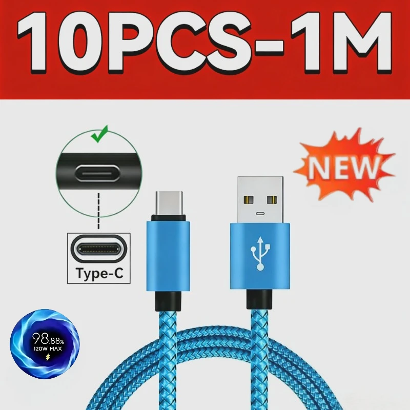 10PCS USB A To USB C 2A Fast Charging Cable 120W Nylon Braided Cord 1M for IPhone Android Huawei Samsung Type C Devices