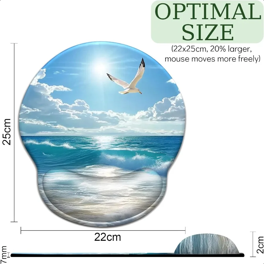 Alas Mouse Gelombang Laut Pantai dengan Sandaran Pergelangan Tangan Ergonomis, Port Pergelangan Tangan dengan Alas PU Anti Selip Pereda Nyeri, Alas Mouse Komputer Lucu