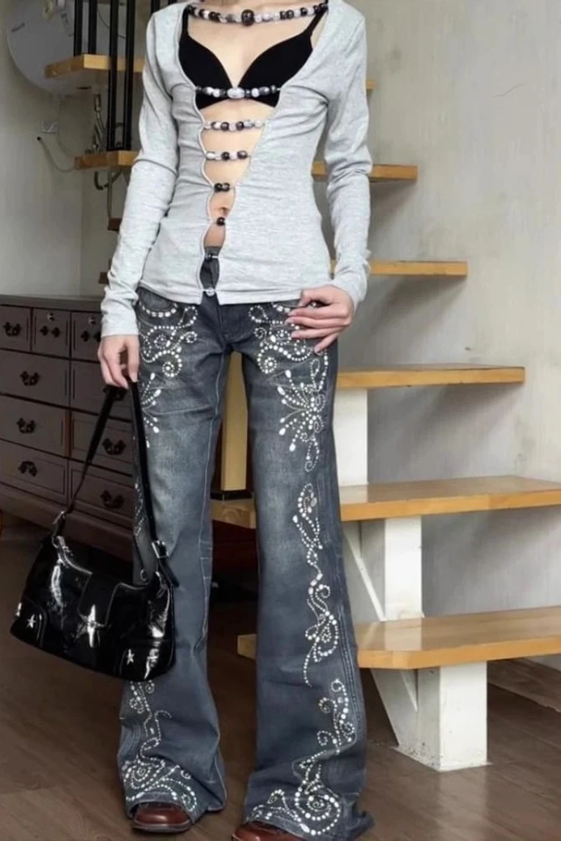 Y2K Vintage Low-Rise Bootcut Jeans Women Distressed Denim Trousers Fashion Design Autumn Winter Style