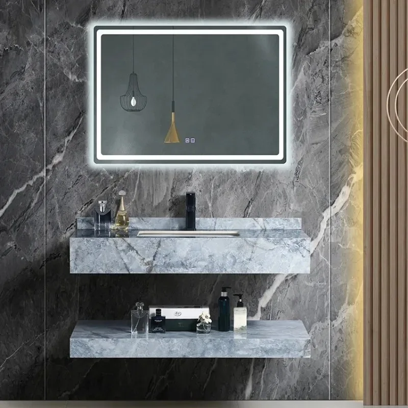 Double Layers Marble Hand Wash Vessel Wall Mounting Solid Surface Large Basin Rectangular Bathroom Sink for Bathroom