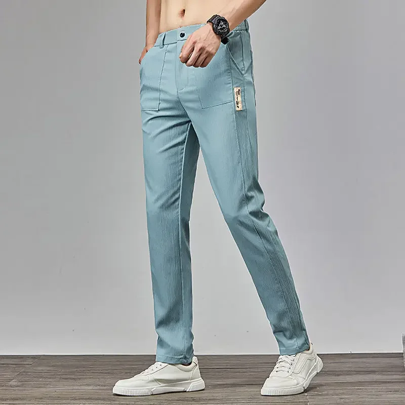 Male Trousers Thin Straight Cool Office Baggy Business Ice Silk Grey Pocket Zip Loose Summer Cooling Men's Casual Pants Luxury