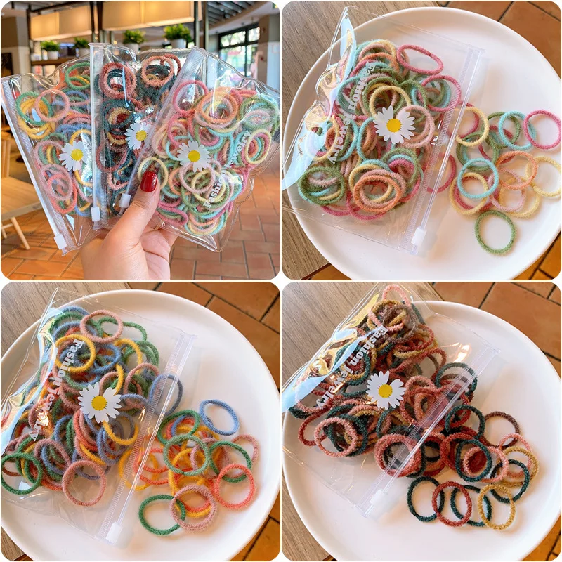

100 шт. миниатюрных милых пушистых резинок для волос для девочек, разноцветные мягкие высокоэластичные резинки для хвостиков, аксессуары для волос