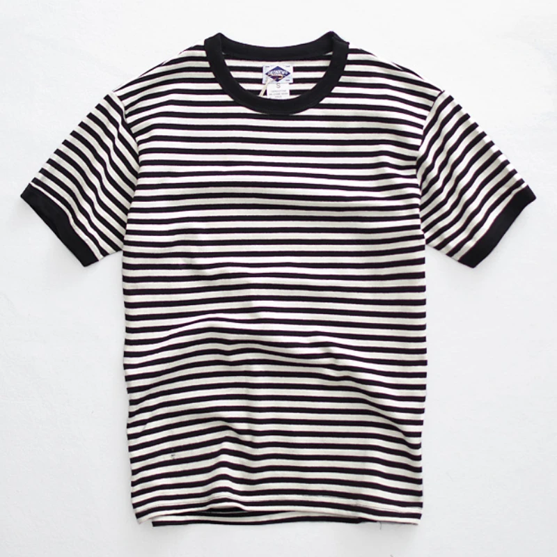 Summer new trendy men\'s heavy vintage T-shirt cotton crewneck crew shirt blue and white striped short sleeves