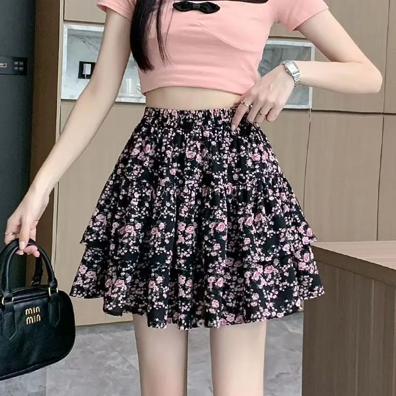 

Skirts Women Mini Vintage Temperament Mujer Faldas Summer Ladies Simple Retro Print Design Comfortable Empire All-match A-line