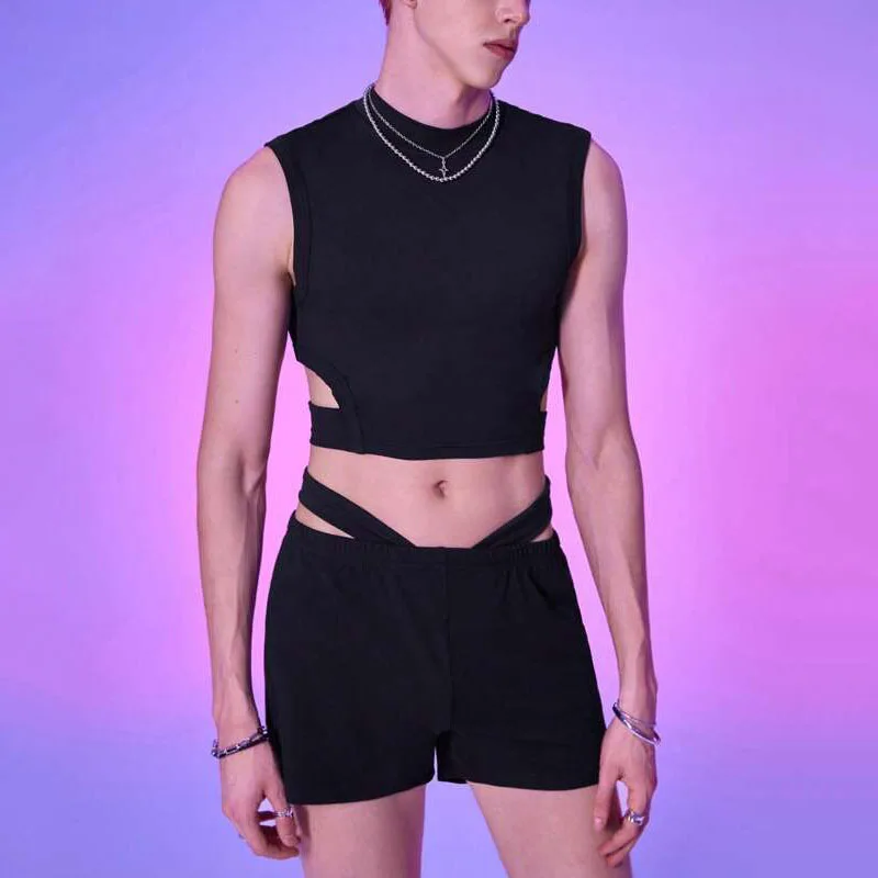 Black Hollow Vest High Waist Shorts Fashionable And Sexy Suit Men's Unique Design Clothes Matching Suit
