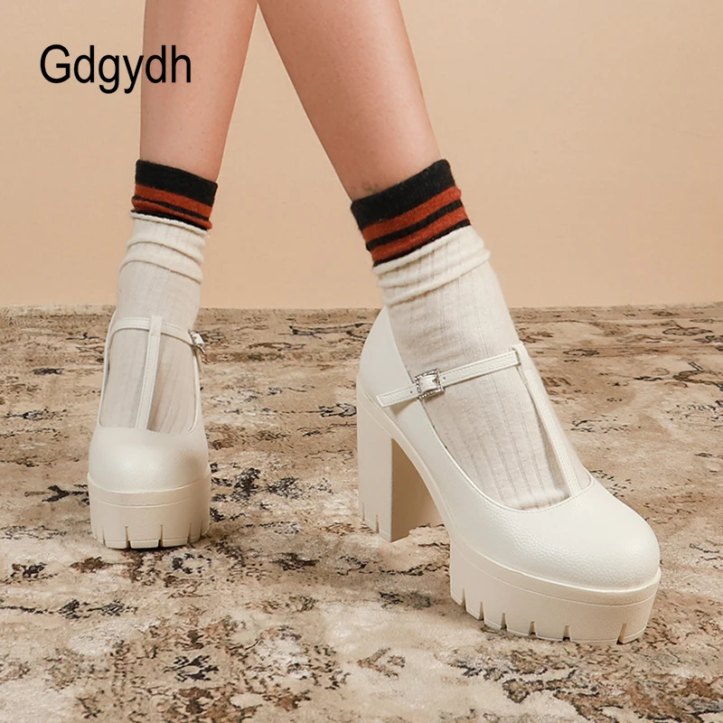 Gdgydh T Strap Mary Jane Shoes Women Goth Platform Pumps Chunky High Heels Dress Adjusted Buckle White Wedding Shoes Lug Sole