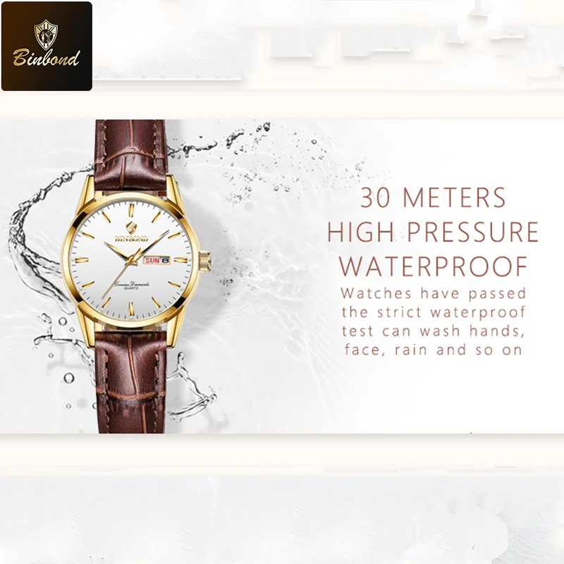 BINBOND แบรนด์ชั้นนําคลาสสิกควอตซ์นาฬิกาสําหรับสตรีส่องสว่างสายหนังกันน้ําปฏิทินนาฬิกากีฬาธุรกิจนาฬิกาสตรี