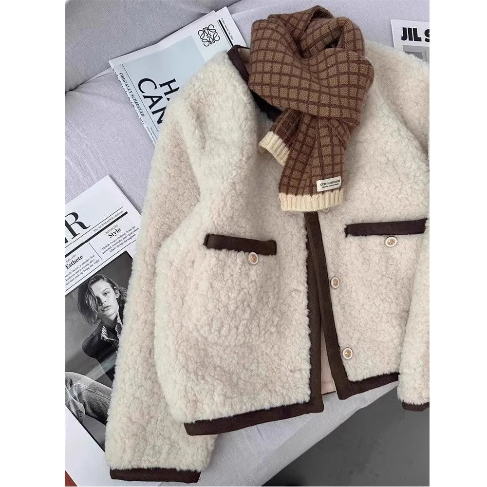 

Lamb Wool Jacket Long Women Top Female Round Neck Circular Collar Curved Edge Ring Border Loop Perimeter Circuit Boundary Ladies