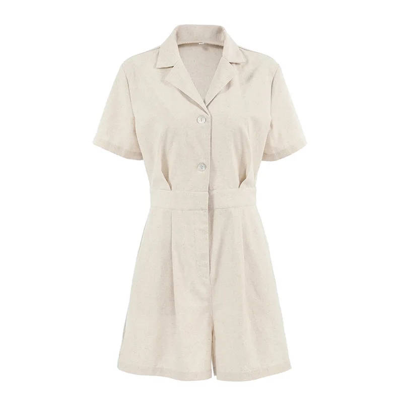 

Chic Khaki Linen Waist-Cinched Wide-Leg Jumpsuit Women Autumn Commuter Professional Short Sleeve Romper Fashion Casual Outerwear