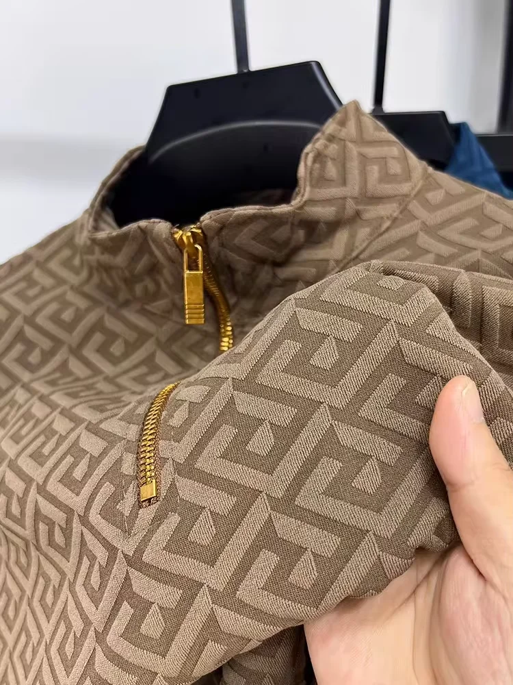 

High end brand fashion jacquard long sleeve T-shirt men's casual sweater autumn trend Korean style half zipper collar pullover