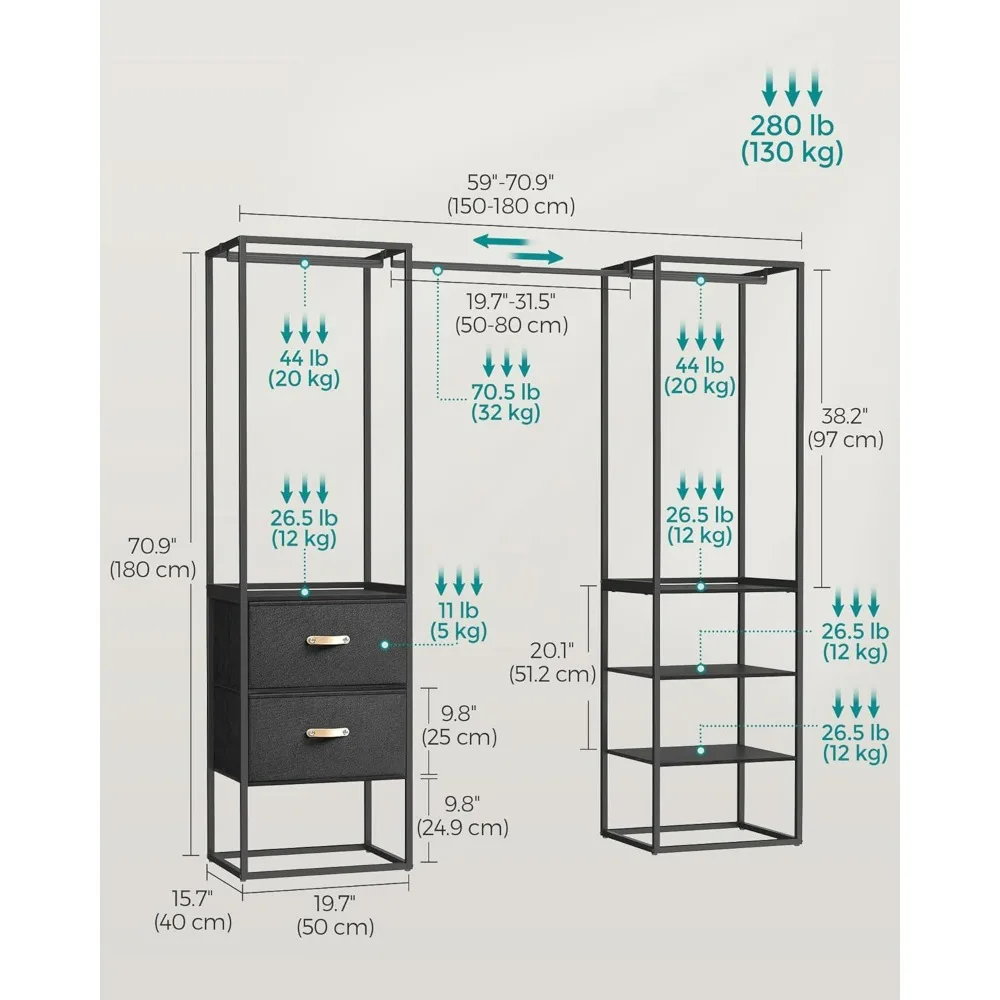 Clothes Rack,Freestanding Closet, Heavy Duty Garment Rack with 1 Extendable Hanging Rod, 2 Drawers and 4 Shelves