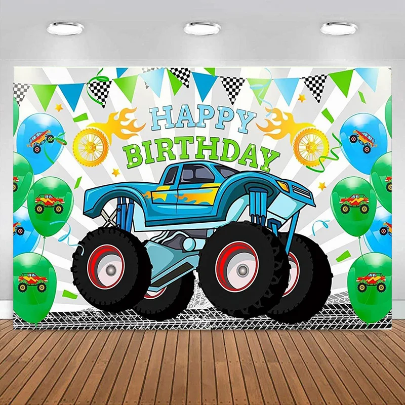 Monster Truck Birthday Banner Backdrop Truck Theme Birthday Party Decoration for Boys Girls Racing Cars Photography Background