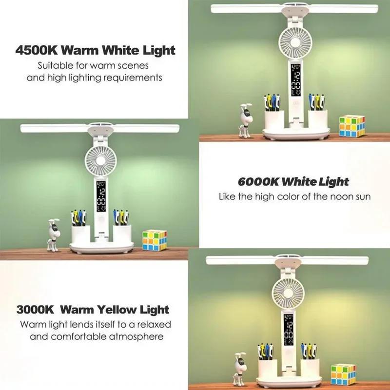 Lampu meja Led isi ulang untuk ruang belajar, lampu meja Led lampu meja dengan kipas, lampu baca tampilan jam Led