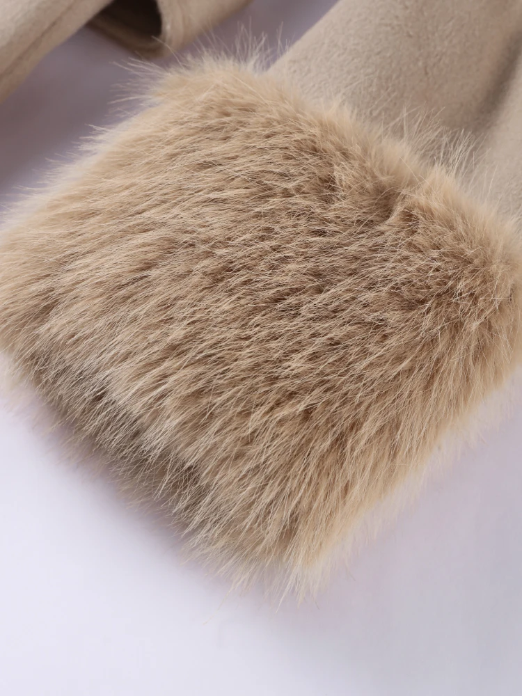 Faux Feather Wool Women's Coat Vintage Khaki Long Sleeve Lace Up Lapel Coats Female 2025 Autumn Winter V-neck Lady Jackets