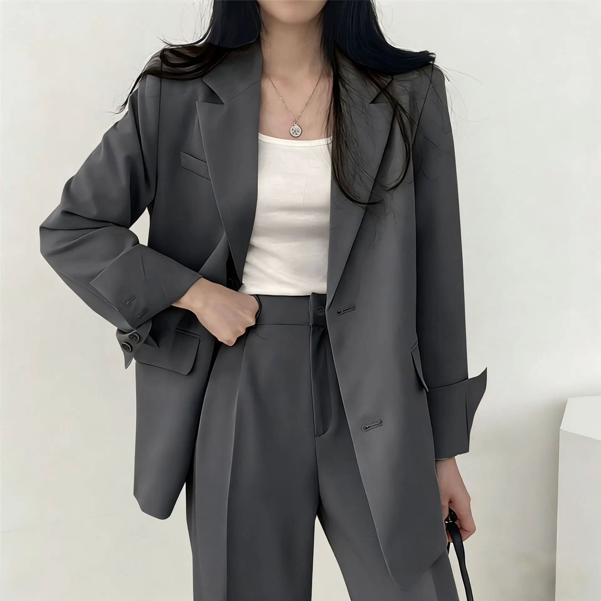 Women Pant Set 2 Piece Suit Sets Lapel Casual Blazer Jacket Straight Ankle Length Pants Outerwear Work Elegant Solid Pleated