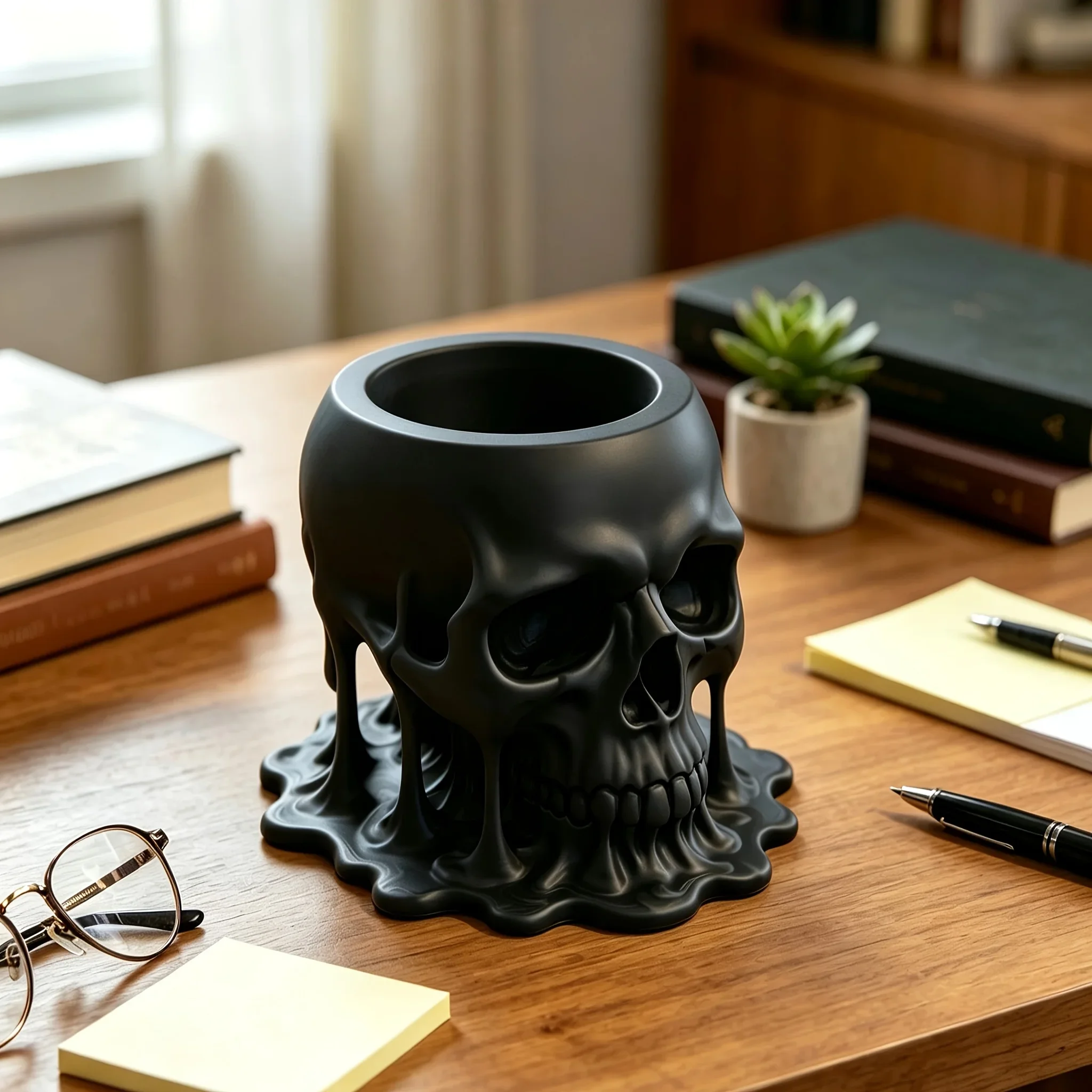 3D Printed Melting Skull Pen Holder Gothic Candle Holder Skeleton Makeup Brush Storage Cup Halloween Desk Decor