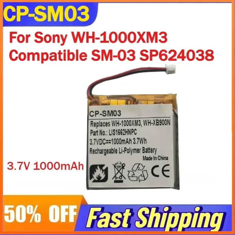

3.7V 1000mAh CP-SM03 Battery for Sony WH-1000XM3 Bluetooth Headset Compatible SM-03 SP624038 Rechargeable Batteries