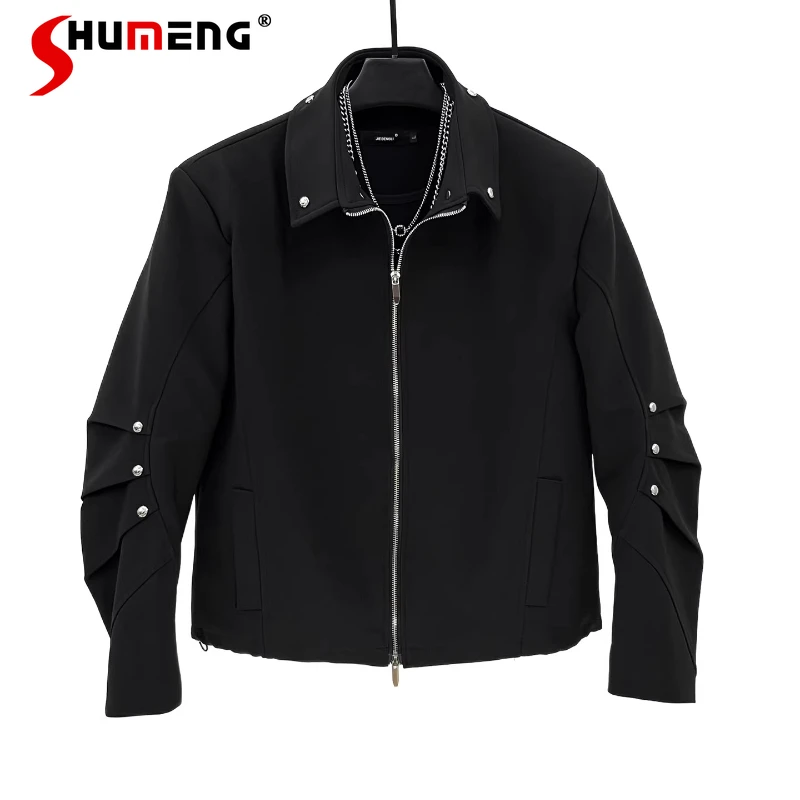 

Men's 2025 Autumn New Long Sleeve Pleated Chic Jackets Trendy Loose Comfort Rivet Coats Male Zipper Lapel Simple Classic Jackets