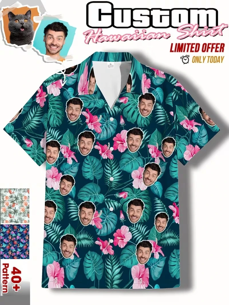 

Vintage Luxury Custom Face Hawaiian Shirt Tropical Hibiscus Floral Print Personalized Diy Photo Aloha Shirts For Men Clothing