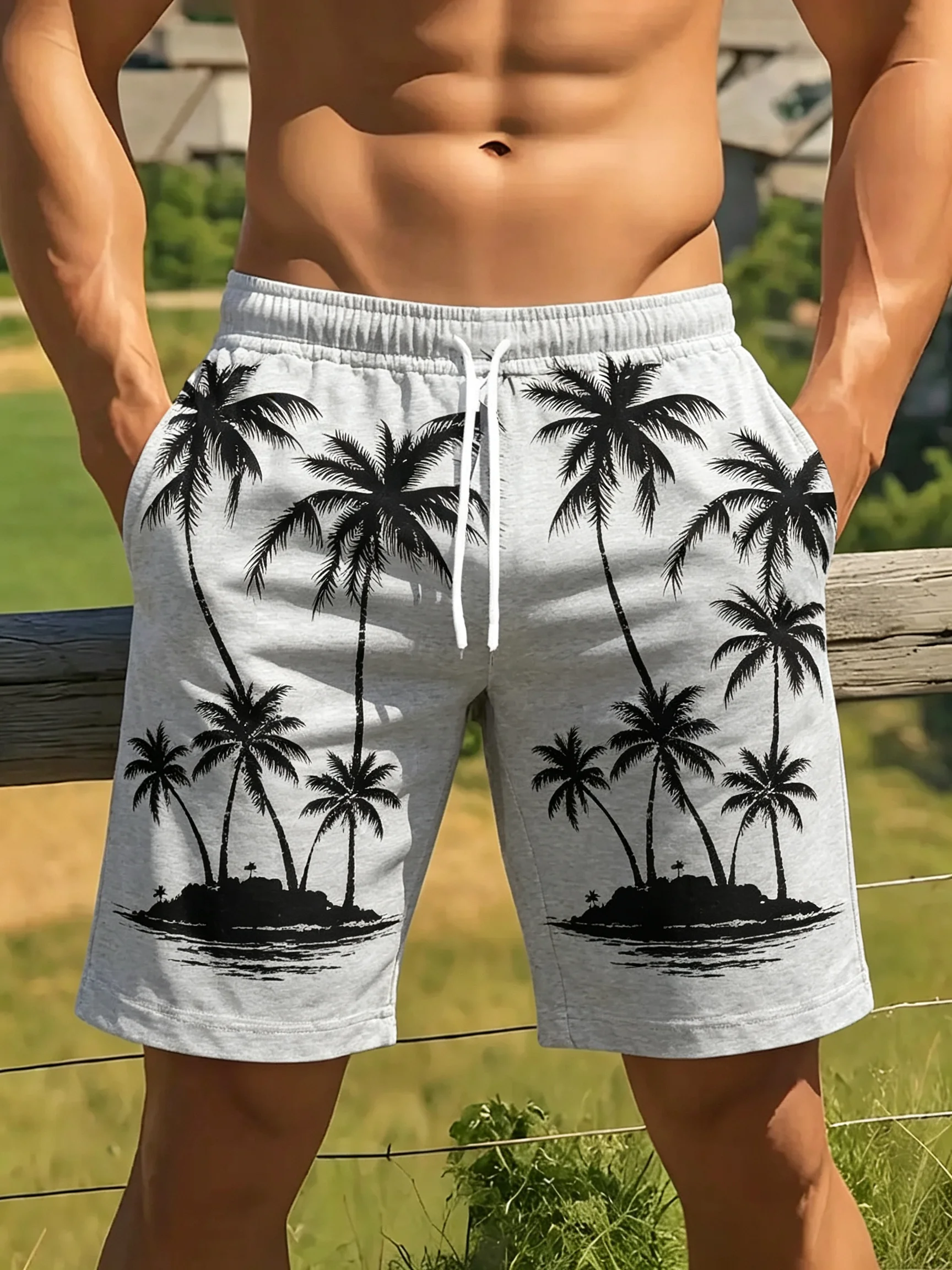 Men's Light Gray Coconut Island Palm Tree Loose Swim Shorts Drawstring Pocket Beach Boardshorts For Daily Beach Summer Wear
