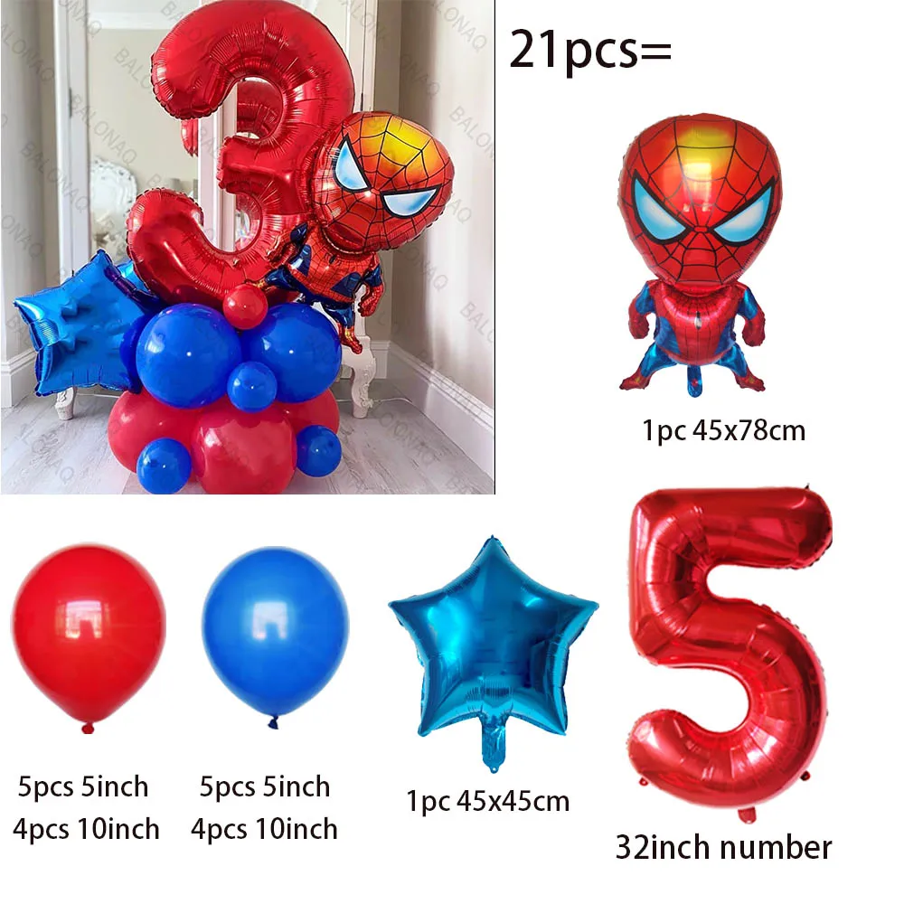 Spiderman Foil Balloon Set para crianças, Super Hero Toy, inflável, decoração de aniversário, chuveiro de bebê, meninos, 21pcs