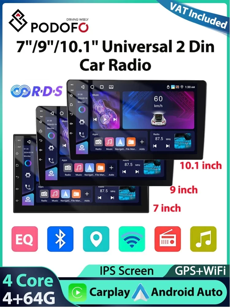 Podofo 4+64G 7''/9''/10.1'' Radio Samochodowe Uniwersalny Odtwarzacz Multimedialny Carplay Android Auto WIFI Nawigacja GPS 4Core FM RDS EQ USB — 2