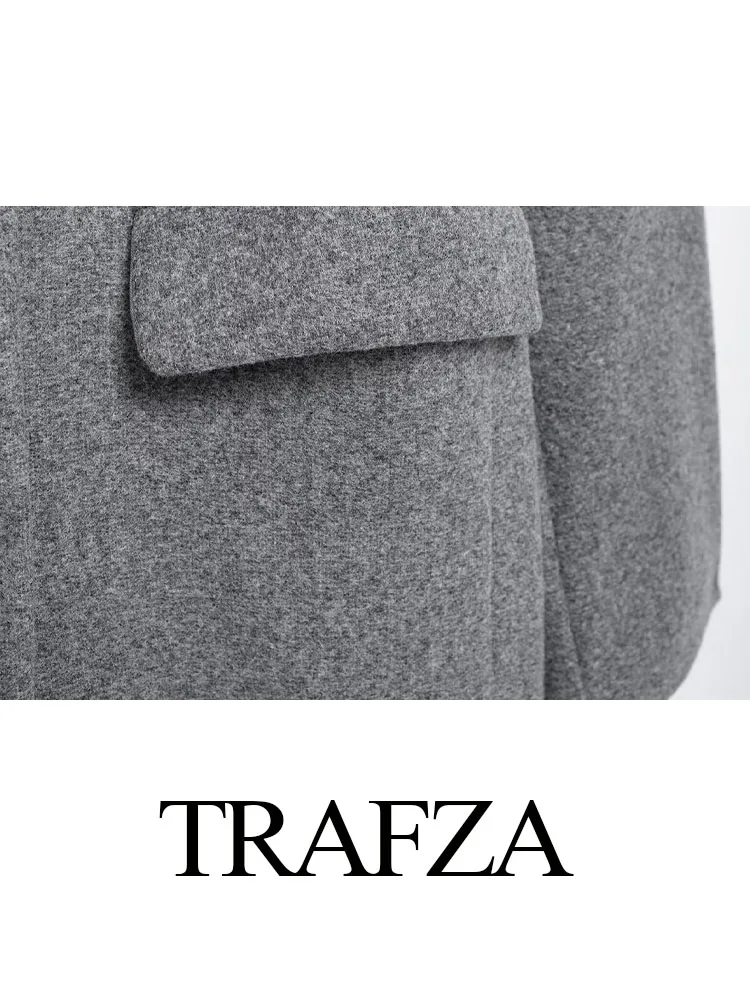 Trafza-女性用ダブルブレストコート、カジュアルコート、折り返し襟、長袖、ポケット装飾、女性のトレンディ、グレー、冬、2022