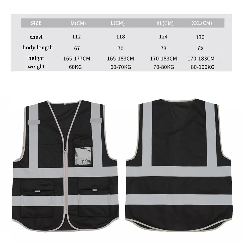 High visibility Black Safety Vest Reflective with Pockets and Zipper Construction Worker Reflective Vest Jacket