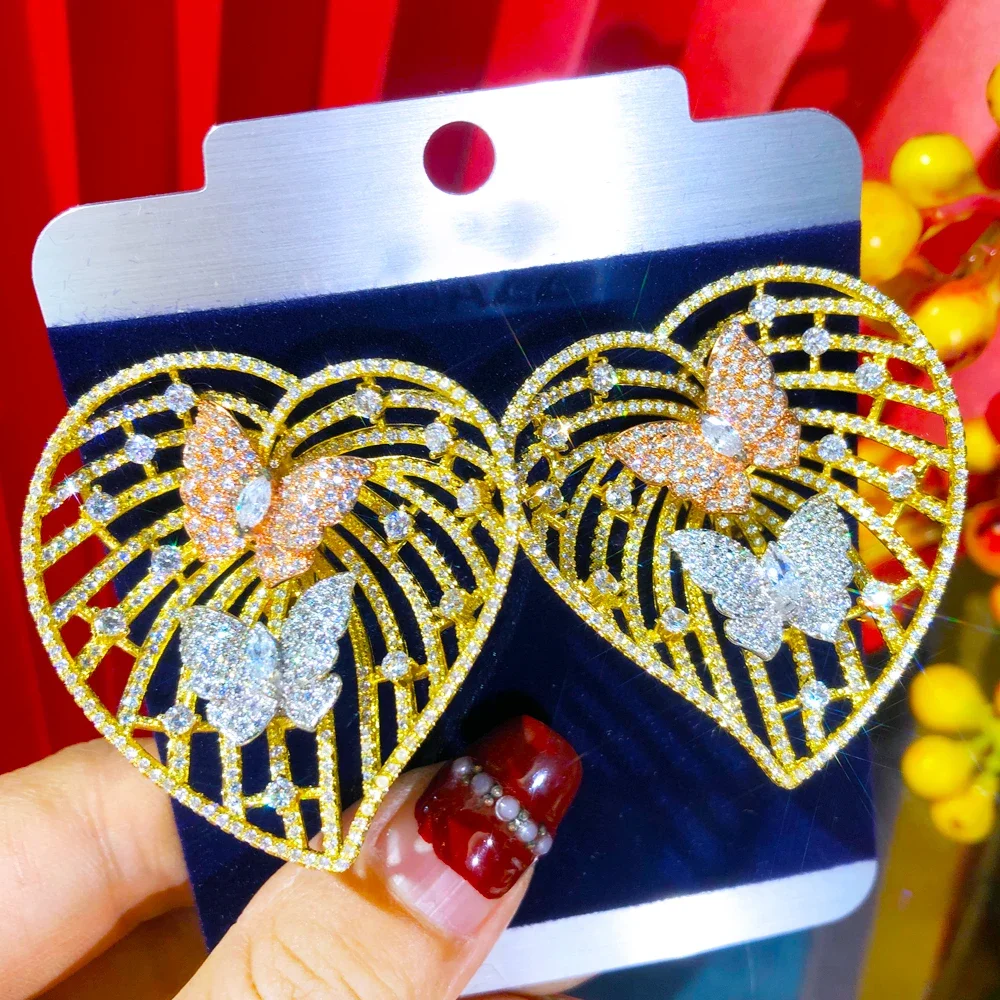 Jimbora Luxury Popular Big Heart Butterfly Earrings For Women Accessories Full Cubic Zirconia High Quality Bridal Wedding Gift