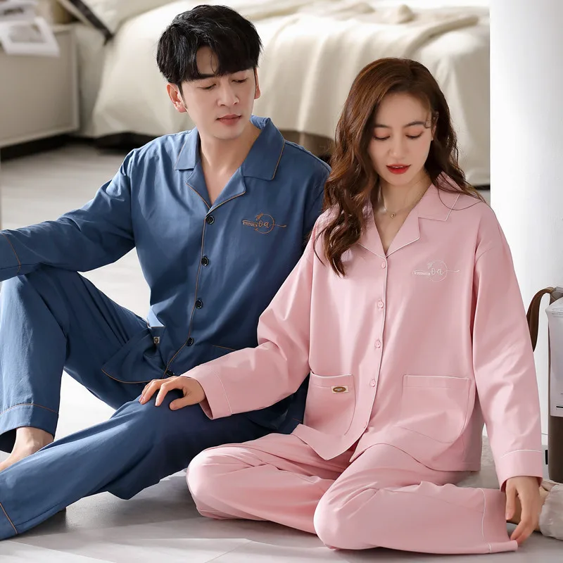 

Couple Pajamas Spring and Autumn Women's Cotton Long Sleeves Long Pants Men's Cardigan Loungewear set can be worn outside