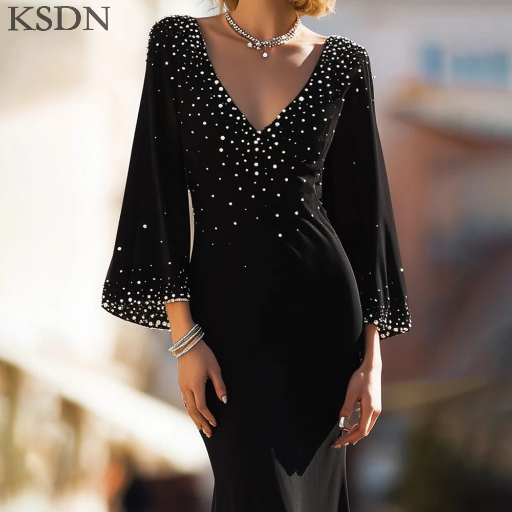 فساتين سهرة رسمية سوداء من KSDN موضة كريستال على شكل قلب وأكمام طويلة بطول الأرض مناسبة خاصة فستان فيستدوس