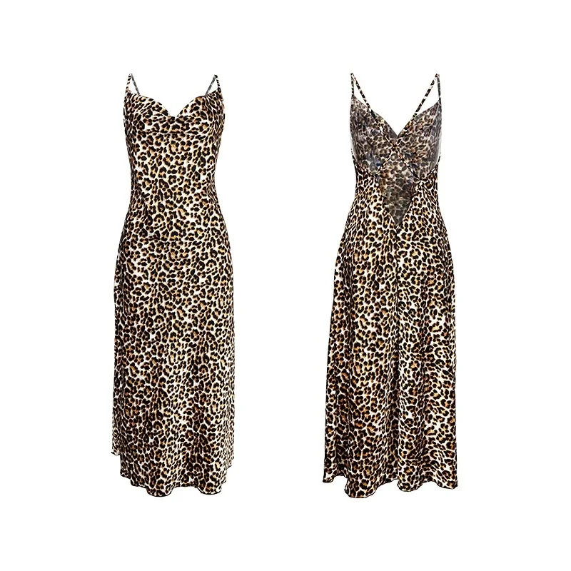 Abito da sera da donna senza maniche slim fit sexy stampa leopardata abbigliamento da casa bretelle abito da notte colletto in pile camicie da notte lunghe senza schienale