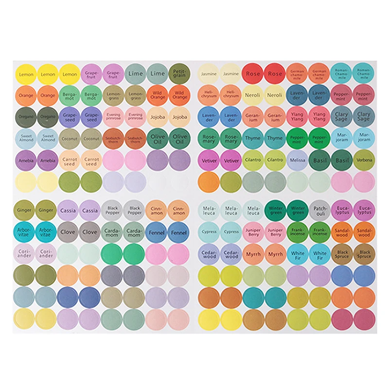 1Set 192 pezzi di bottiglie di olio essenziale prestampate con tappo etichette con coperchio adesivi a cerchio rotondo colorati per tutti i giovani oli viventi